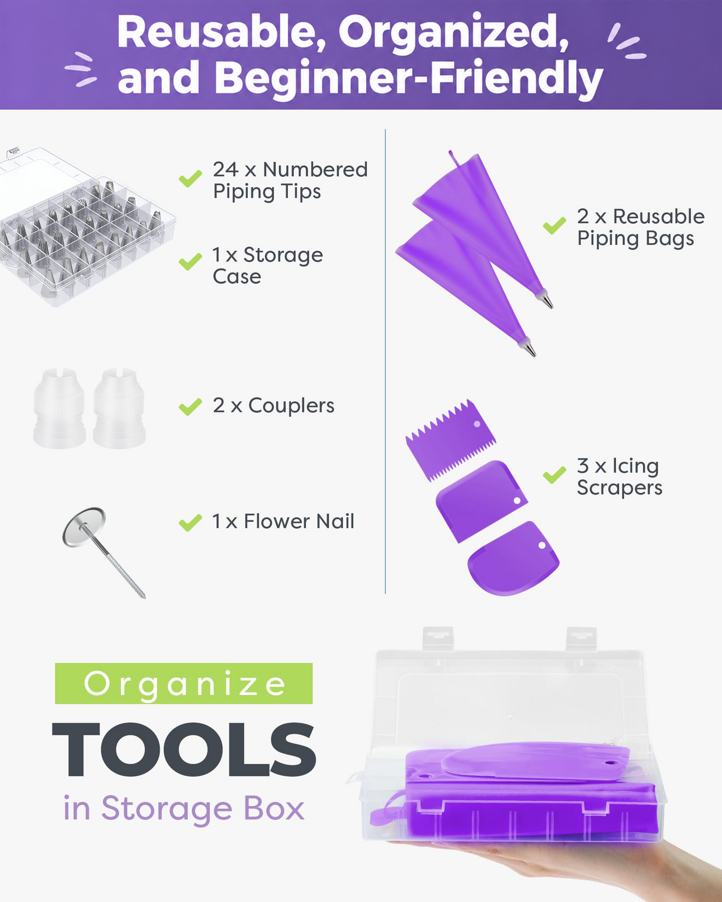 36-Piece Cake Decorating Kit | 24 Piping Tips, Reusable Icing Bags & Baking Tools