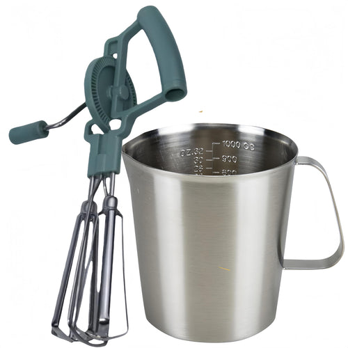 Manual Hand-Crank Egg Beater Set | Dual Rotary Mixer, Stainless Steel Measuring Cup & Baking Tool