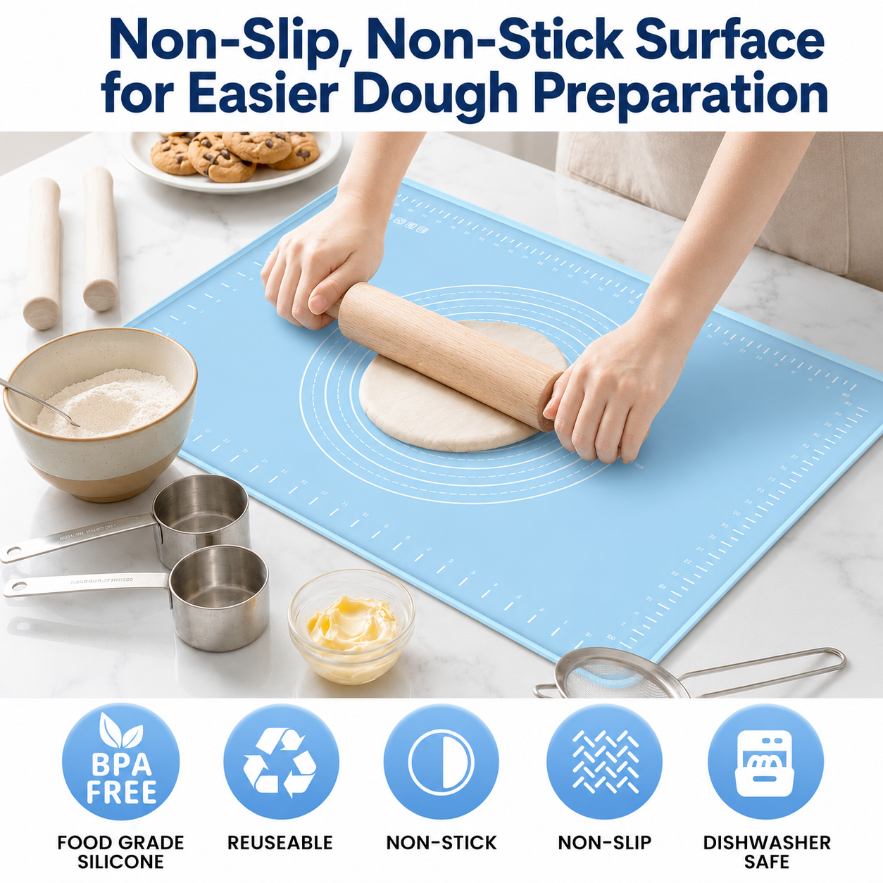 Large Silicone Pastry Mat | Measurement Dough-Rolling Mat, Non-Slip Baking Mat & Countertop Protector