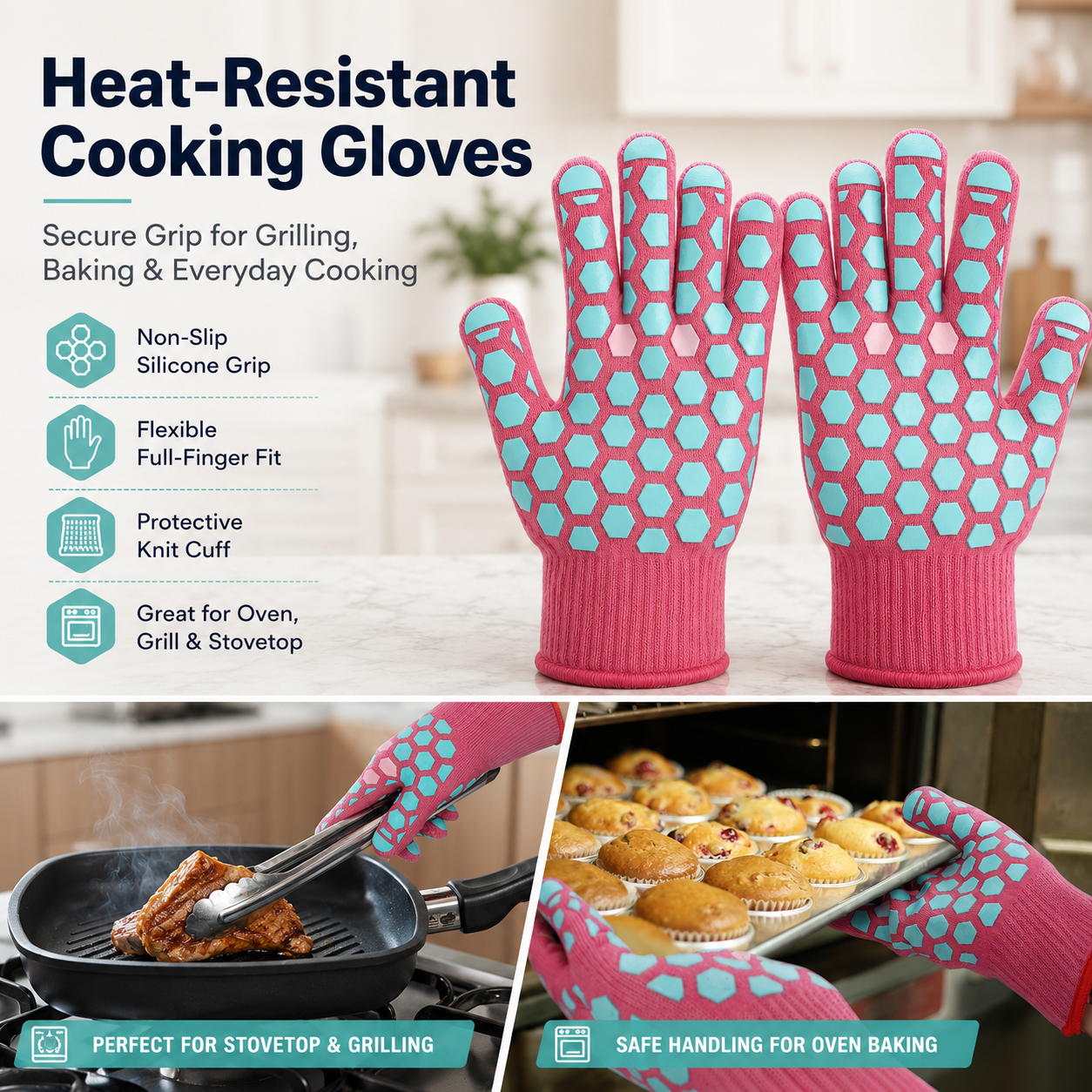 2-Pack Heat-Resistant Cooking Gloves | Non-Slip Silicone Oven Gloves & Five-Finger BBQ Gloves