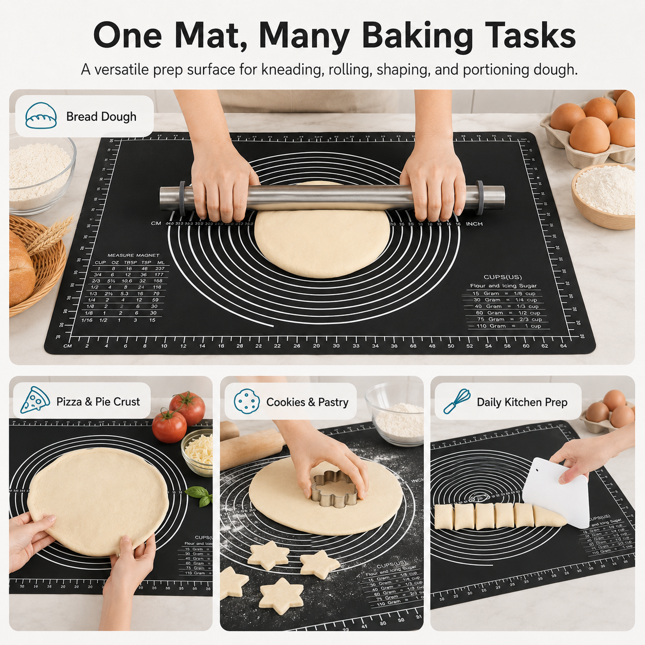 Extra-Large Thick Silicone Pastry Mat | 28 × 20-Inch Non-Slip Dough Mat, Measuring Baking Mat & Non-Stick Countertop Mat