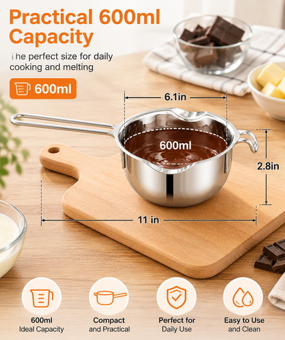 600ml Stainless Steel Chocolate Melting Pot | 304 Food-Grade Double Boiler, Butter & Candy Melting Bowl