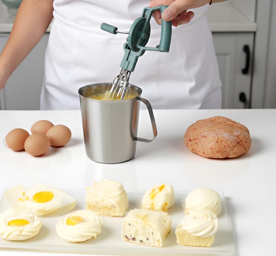Manual Hand-Crank Egg Beater Set | Dual Rotary Mixer, Stainless Steel Measuring Cup & Baking Tool