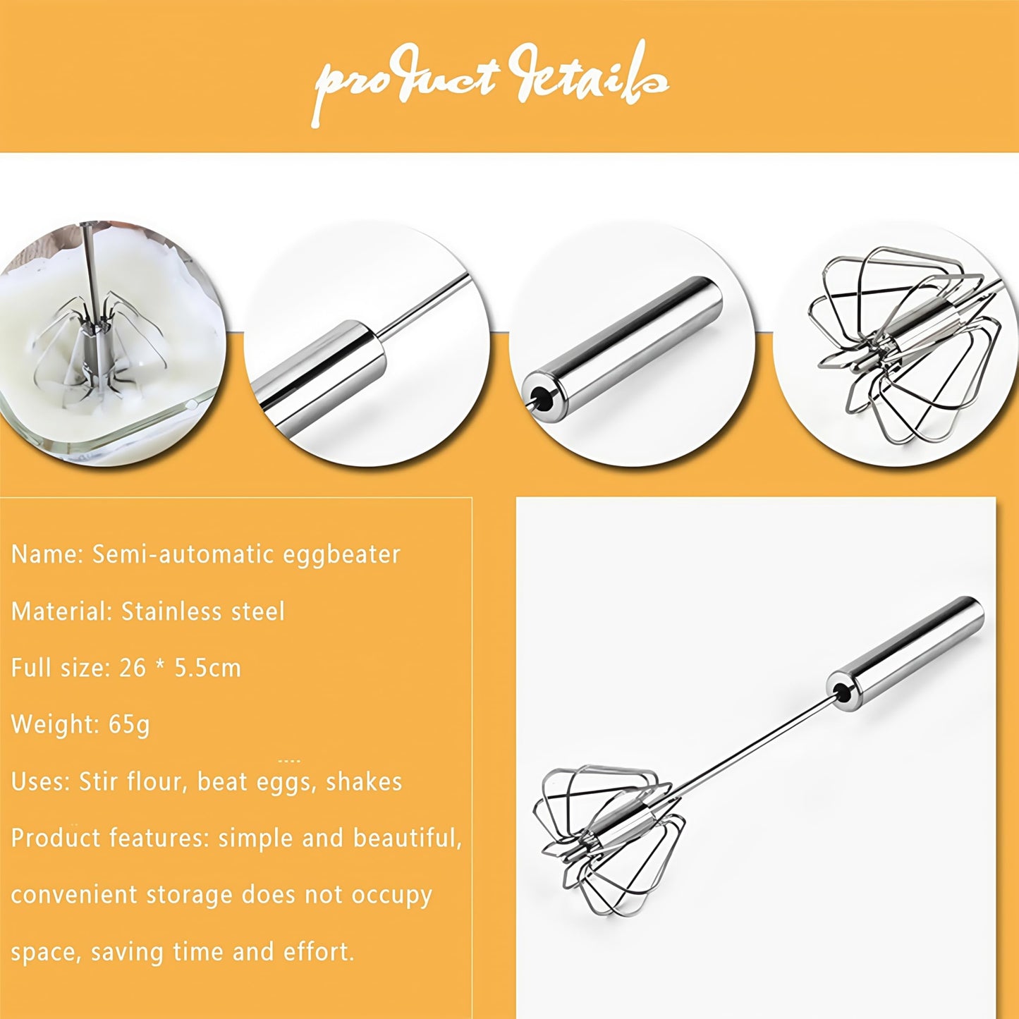 12-Inch Semi-Automatic Whisk | Push-Rotating Stainless Steel Egg Beater & Hand Mixer