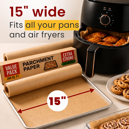 15-Inch Wide Parchment Paper Rolls for Baking | Natural Wood Pulp Nonstick Oven and Sheet Pan Liner, Heat-Resistant up to 450°F
