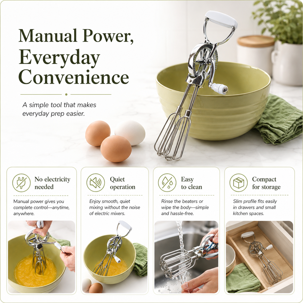 12-Inch Hand-Crank Egg Beater | Dual Rotary Manual Mixer for Eggs, Cream & Batter