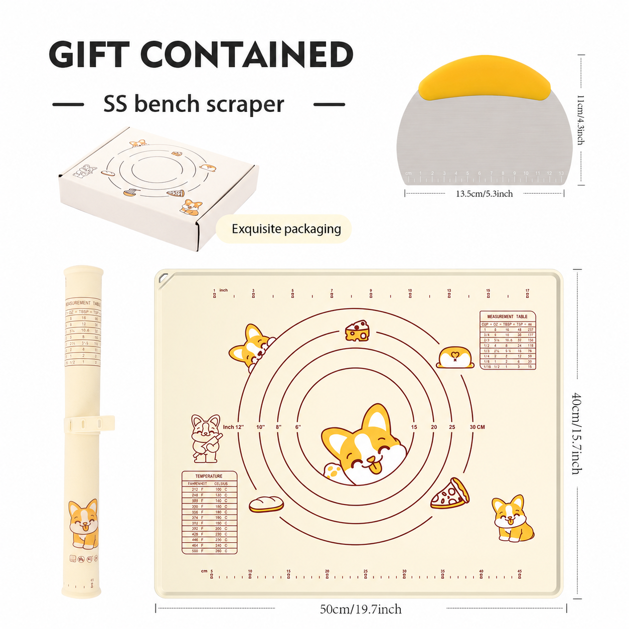 Thick Raised-Edge Silicone Pastry Mat | Non-Slip Dough Mat, Measuring Baking Mat & Stainless Steel Dough Scraper