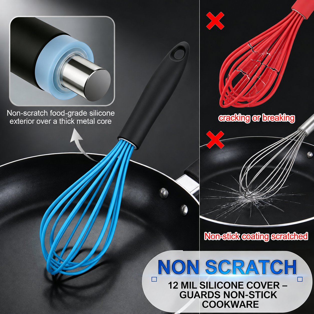 Heat-Resistant Silicone Whisk | Non-Scratch Hand Whisk & Baking Mixer for Non-Stick Cookware