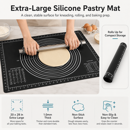 Extra-Large Thick Silicone Pastry Mat | 28 × 20-Inch Non-Slip Dough Mat, Measuring Baking Mat & Non-Stick Countertop Mat