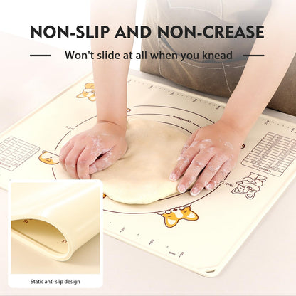 Thick Raised-Edge Silicone Pastry Mat | Non-Slip Dough Mat, Measuring Baking Mat & Stainless Steel Dough Scraper