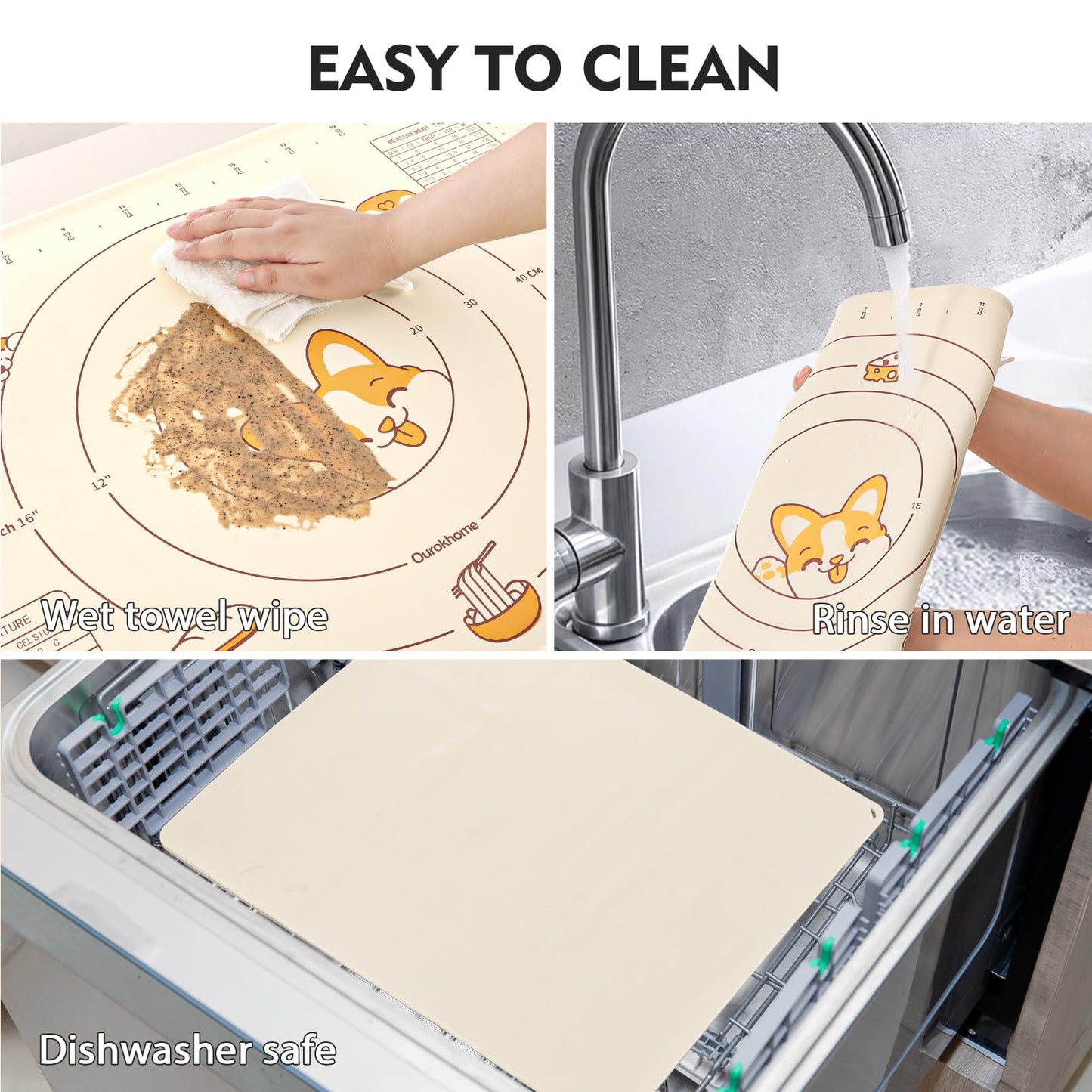 Thick Raised-Edge Silicone Pastry Mat | Non-Slip Dough Mat, Measuring Baking Mat & Stainless Steel Dough Scraper