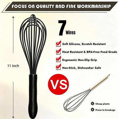 11-Inch Silicone Whisk | 7-Wire Reinforced Hand Whisk & Non-Scratch Baking Tool
