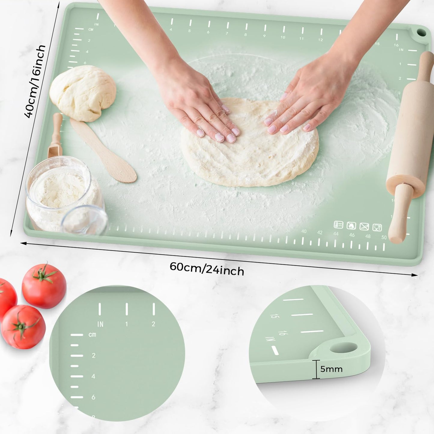 Thick Raised-Edge Silicone Pastry Mat | 24 × 16-Inch Non-Slip Dough Mat, Measuring Baking Mat & Non-Stick Countertop Mat