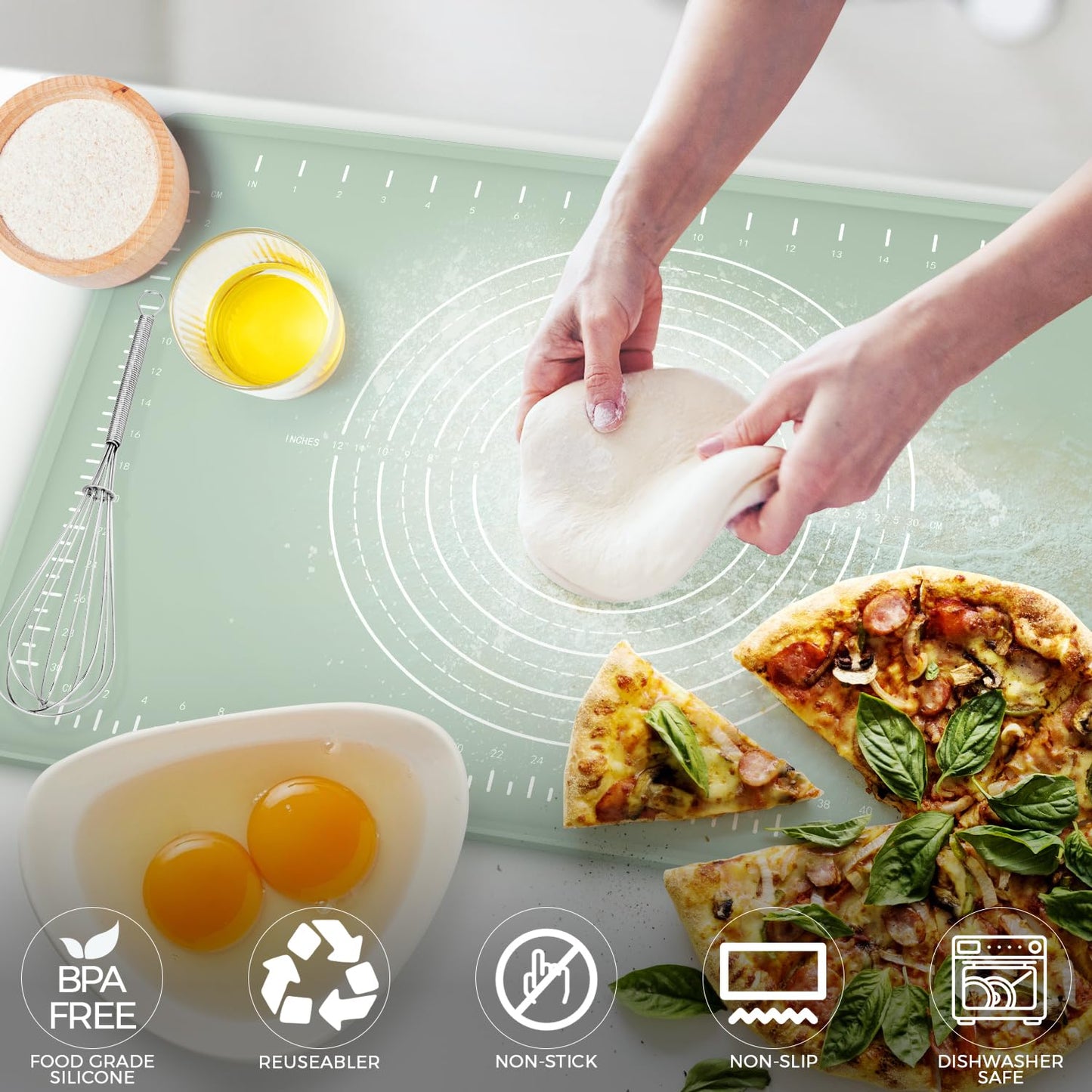 Thick Raised-Edge Silicone Pastry Mat | 24 × 16-Inch Non-Slip Dough Mat, Measuring Baking Mat & Non-Stick Countertop Mat