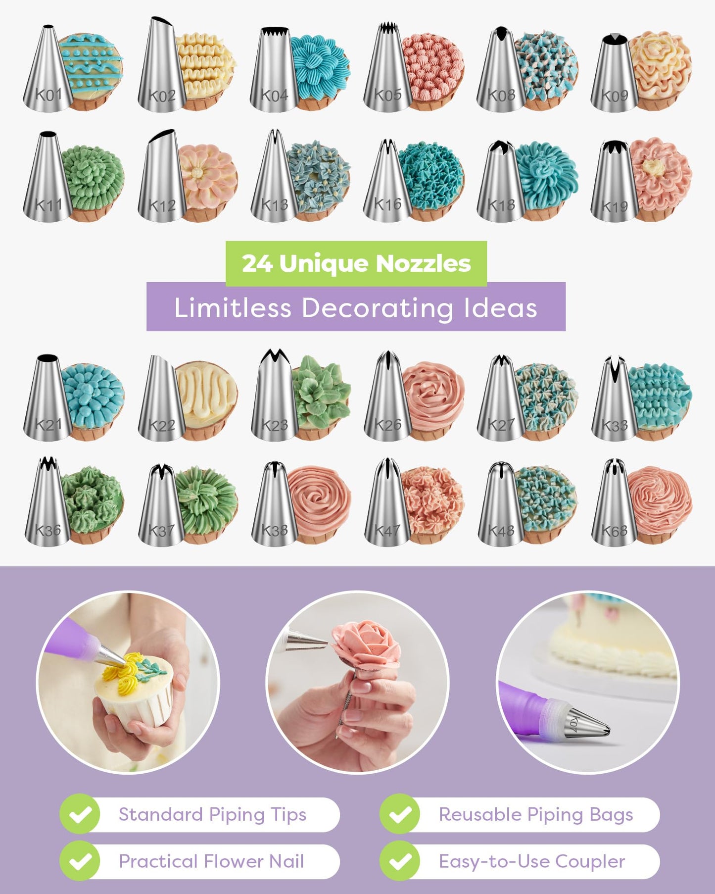 36-Piece Cake Decorating Kit | 24 Piping Tips, Reusable Icing Bags & Baking Tools