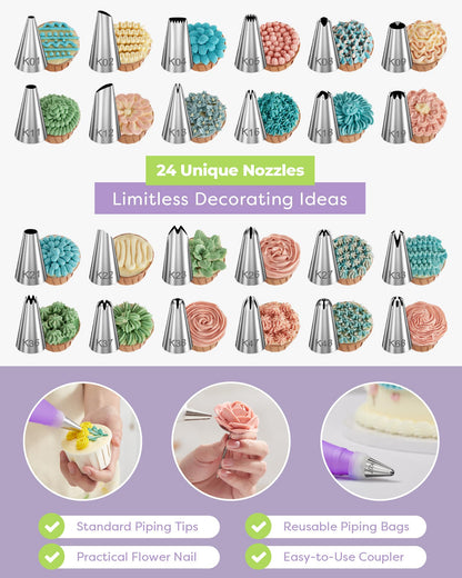 36-Piece Cake Decorating Kit | 24 Piping Tips, Reusable Icing Bags & Baking Tools