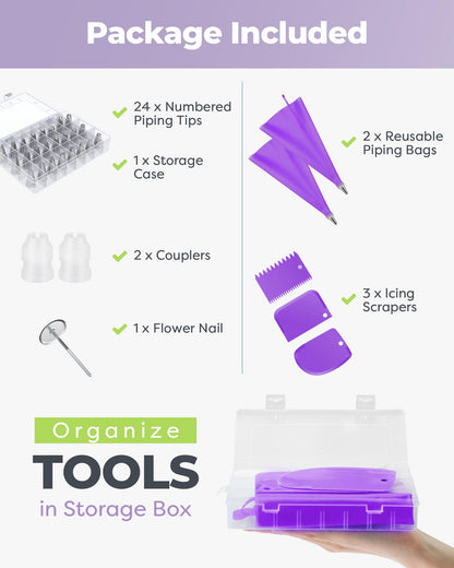 36-Piece Cake Decorating Kit | 24 Piping Tips, Reusable Icing Bags & Baking Tools