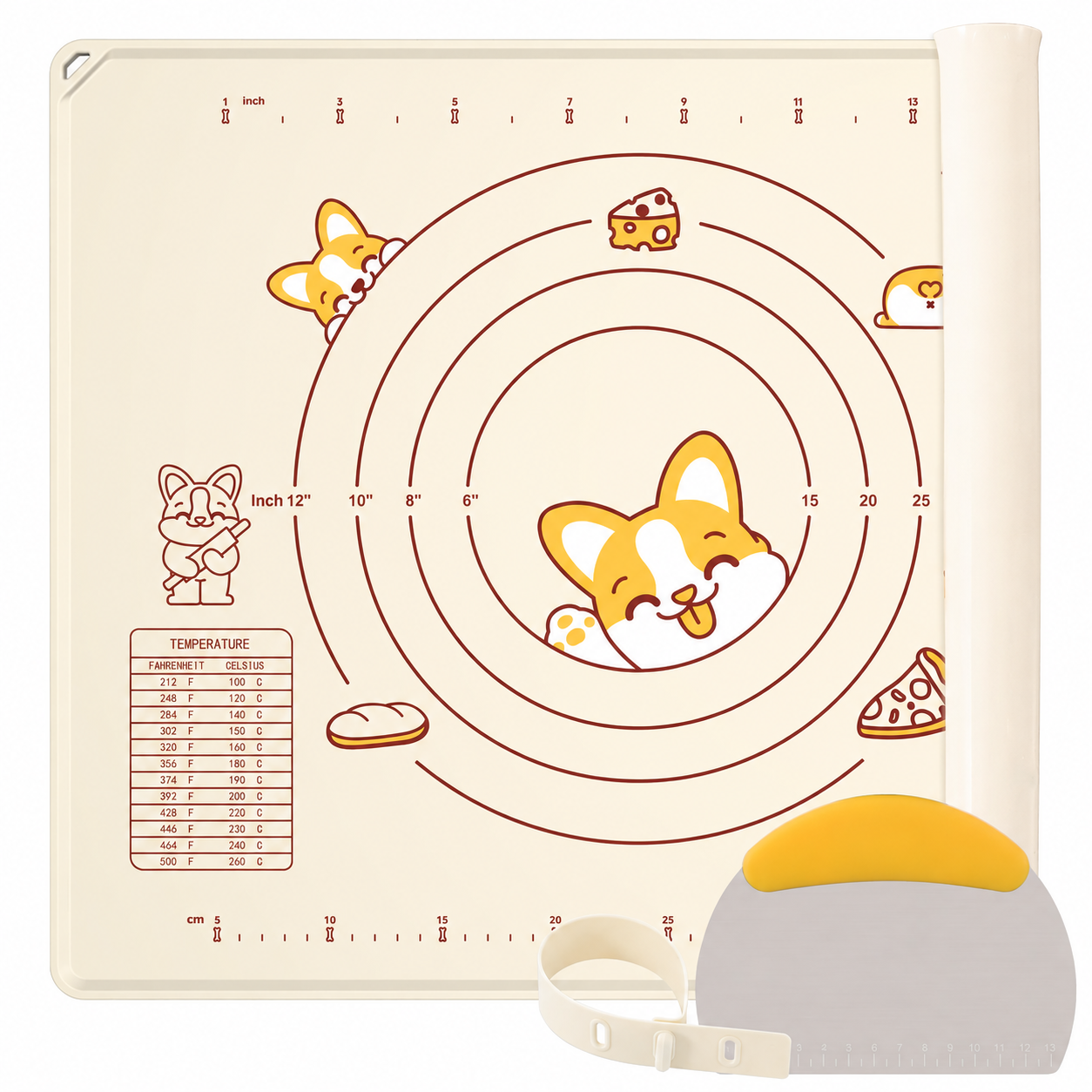 Thick Raised-Edge Silicone Pastry Mat | Non-Slip Dough Mat, Measuring Baking Mat & Stainless Steel Dough Scraper