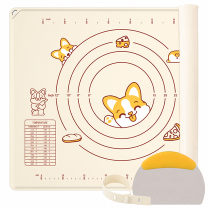 Thick Raised-Edge Silicone Pastry Mat | Non-Slip Dough Mat, Measuring Baking Mat & Stainless Steel Dough Scraper