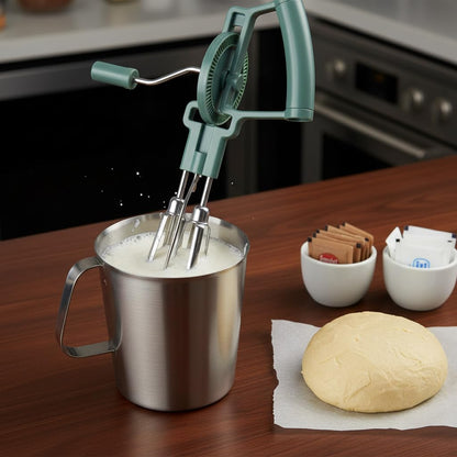 Manual Hand-Crank Egg Beater Set | Dual Rotary Mixer, Stainless Steel Measuring Cup & Baking Tool