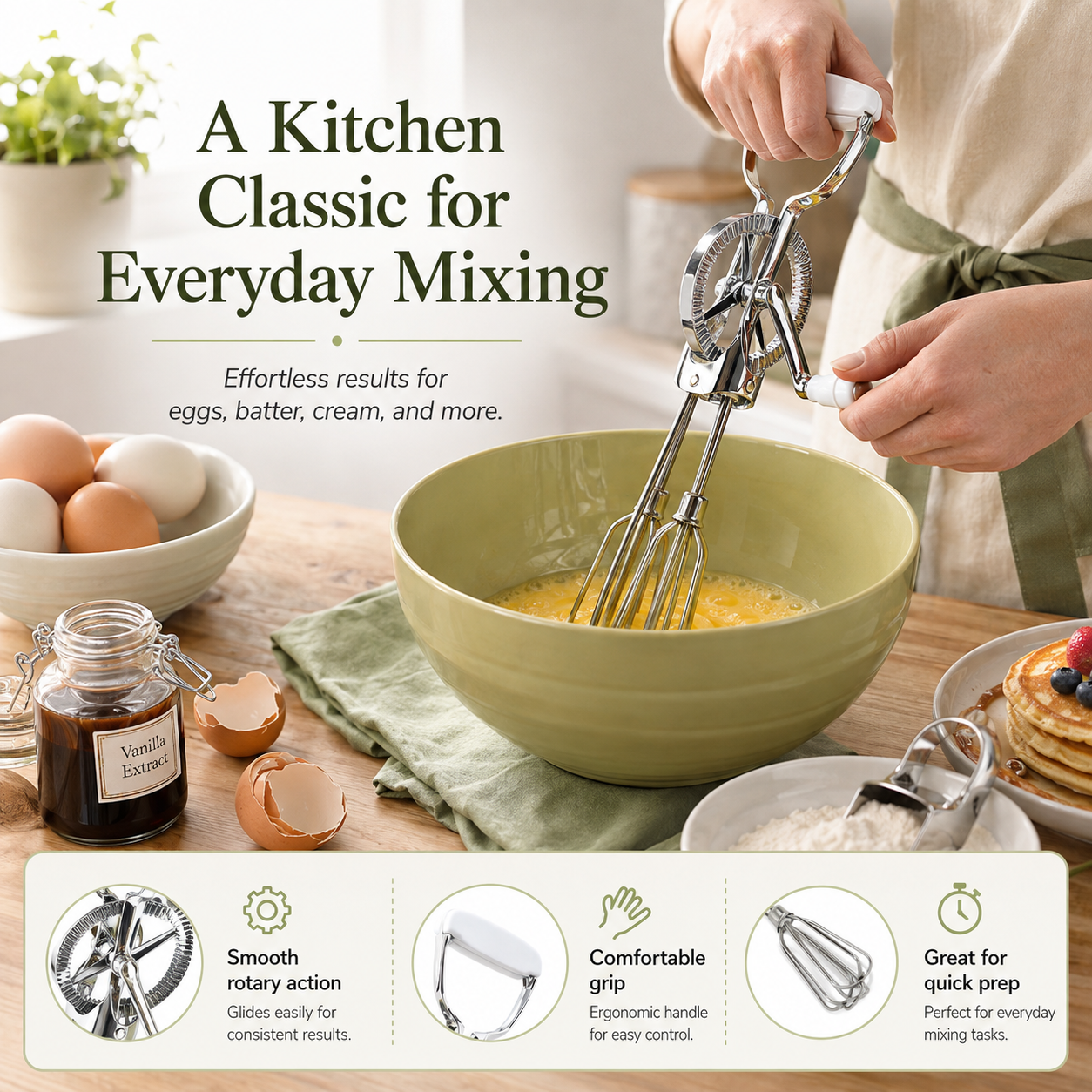 12-Inch Hand-Crank Egg Beater | Dual Rotary Manual Mixer for Eggs, Cream & Batter