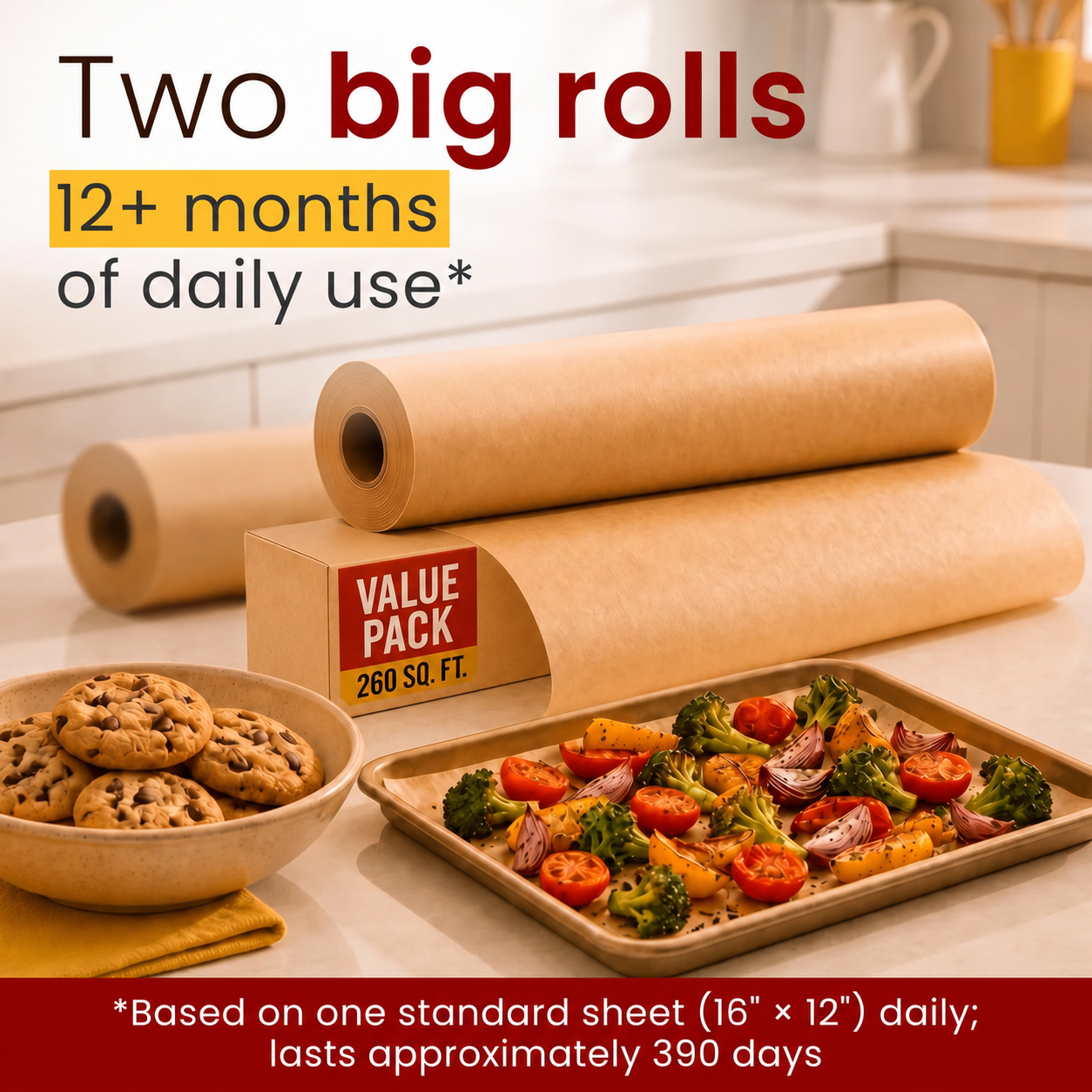 15-Inch Wide Parchment Paper Rolls for Baking | Natural Wood Pulp Nonstick Oven and Sheet Pan Liner, Heat-Resistant up to 450°F