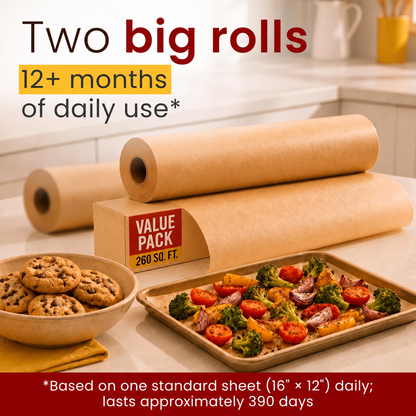 15-Inch Wide Parchment Paper Rolls for Baking | Natural Wood Pulp Nonstick Oven and Sheet Pan Liner, Heat-Resistant up to 450°F