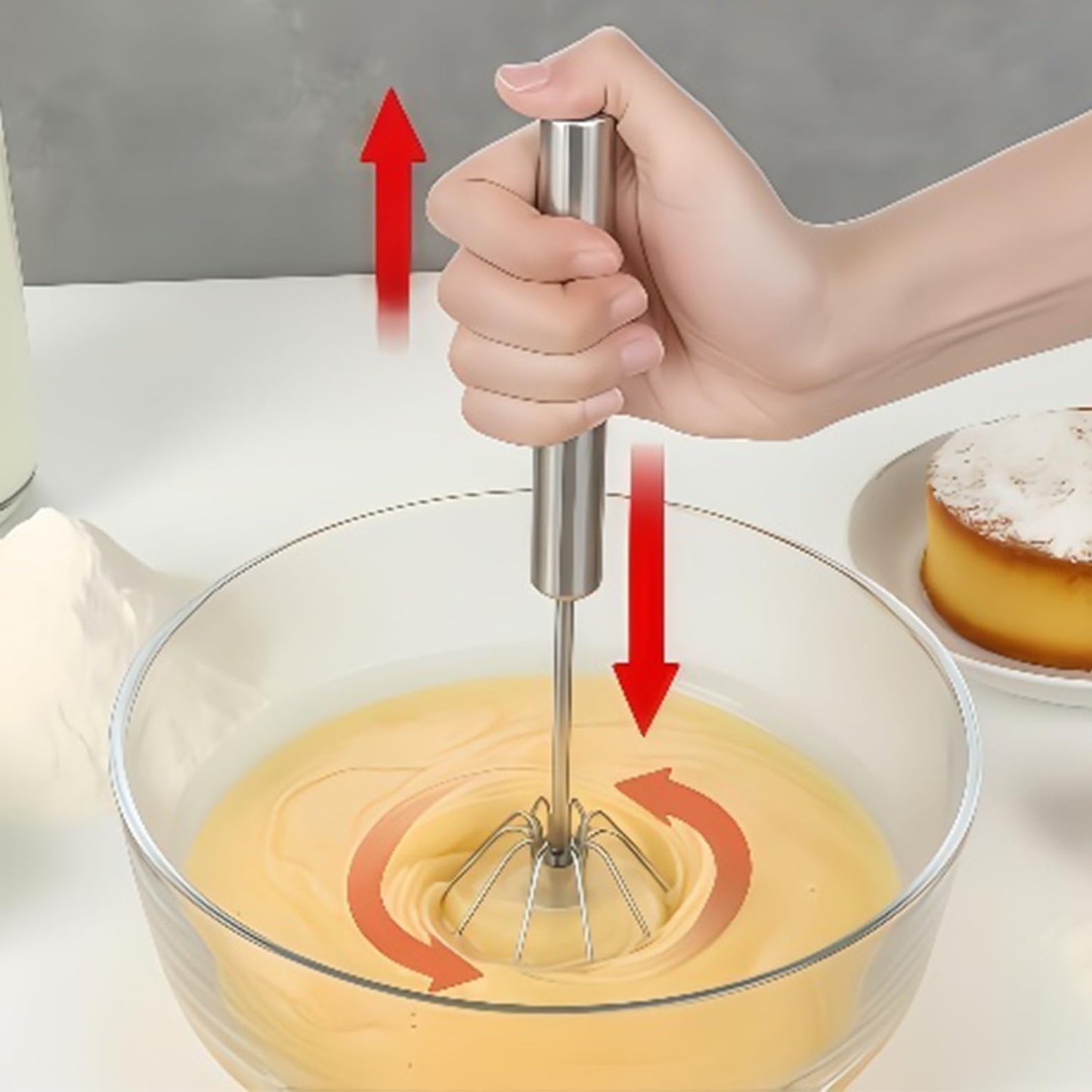 12-Inch Semi-Automatic Whisk | Push-Rotating Stainless Steel Egg Beater & Hand Mixer