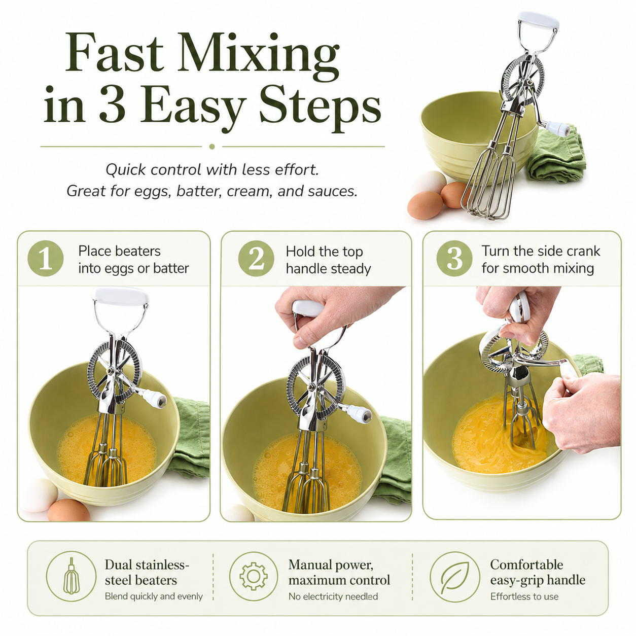 12-Inch Hand-Crank Egg Beater | Dual Rotary Manual Mixer for Eggs, Cream & Batter