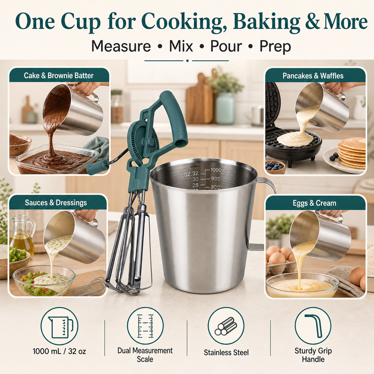 Manual Hand-Crank Egg Beater Set | Dual Rotary Mixer, Stainless Steel Measuring Cup & Baking Tool