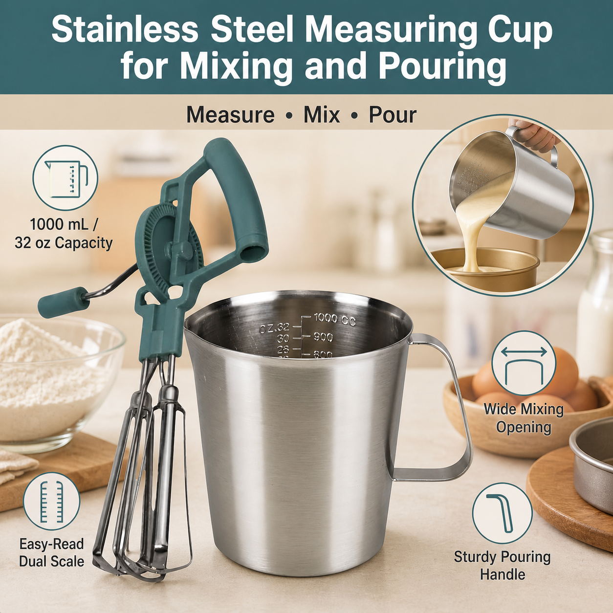 Manual Hand-Crank Egg Beater Set | Dual Rotary Mixer, Stainless Steel Measuring Cup & Baking Tool