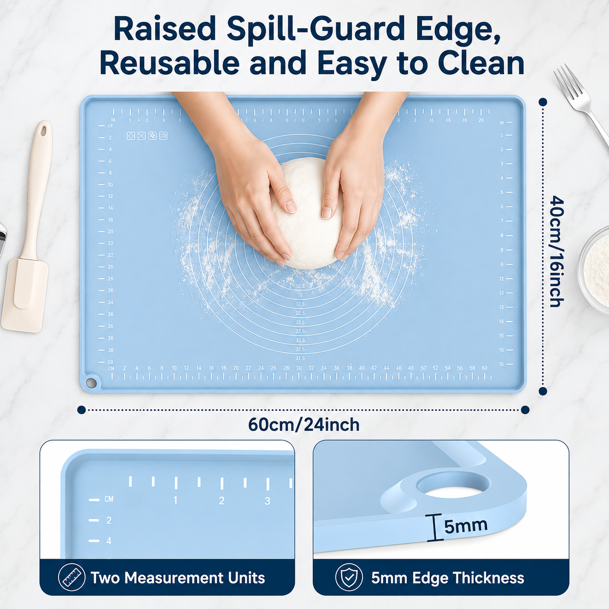 Large Silicone Pastry Mat | Measurement Dough-Rolling Mat, Non-Slip Baking Mat & Countertop Protector